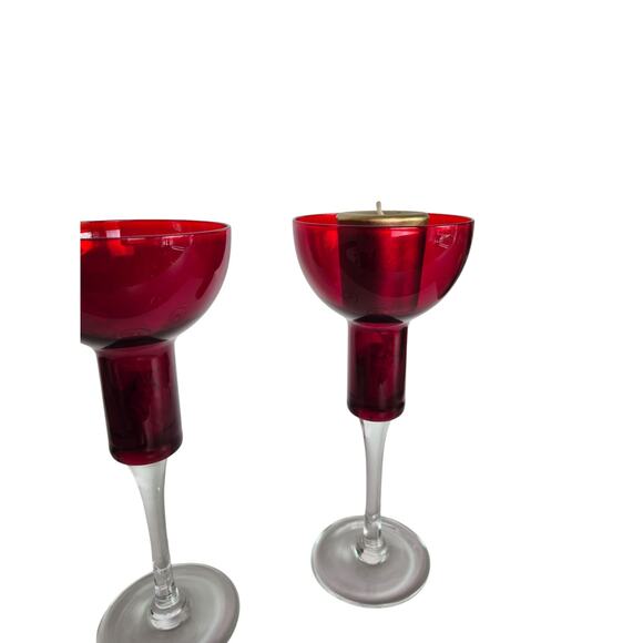 Vintage Red Cranberry Glass Candle Holders Tall Red Christmas Holiday Set of 2 - Picture 5 of 10